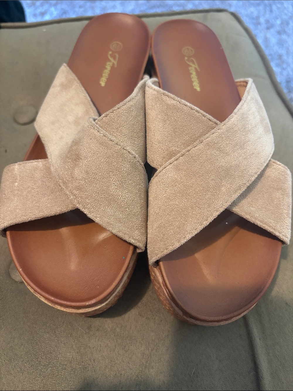 Forever 21 Taupe Suede Crisscross Slide Mules